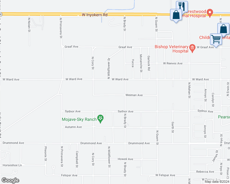 map of restaurants, bars, coffee shops, grocery stores, and more near 1750 Weiman Avenue in Ridgecrest