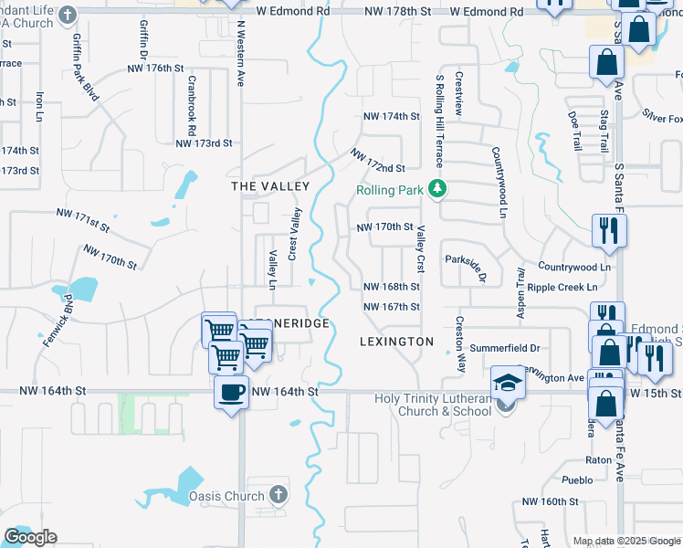 map of restaurants, bars, coffee shops, grocery stores, and more near 16915 Sunny Hollow Road in Edmond