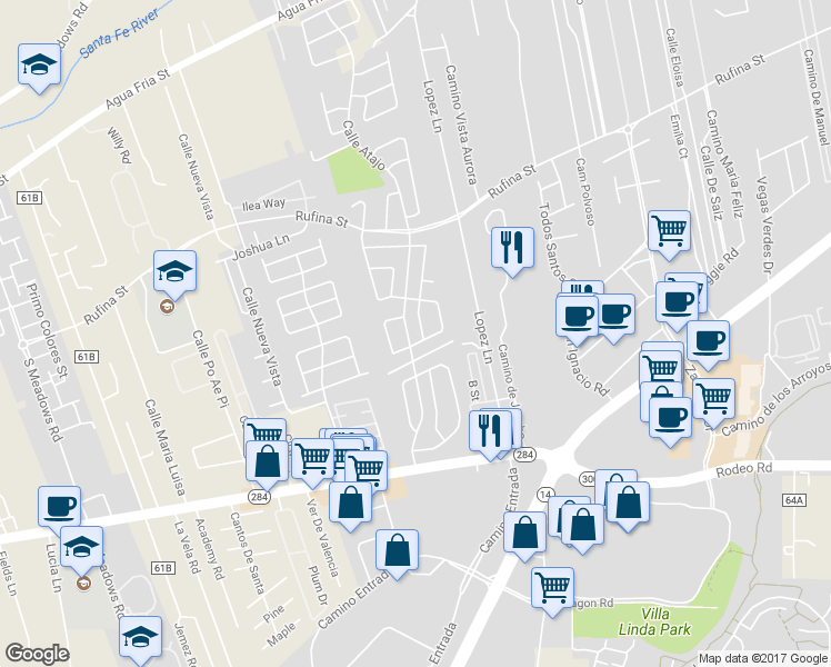 map of restaurants, bars, coffee shops, grocery stores, and more near 1282 Calle La Mirada in Santa Fe