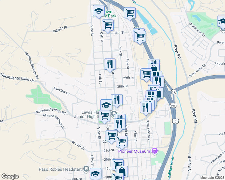 map of restaurants, bars, coffee shops, grocery stores, and more near 2749 Spring Street in Paso Robles