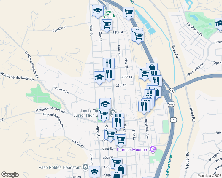 map of restaurants, bars, coffee shops, grocery stores, and more near 2749 Spring Street in Paso Robles
