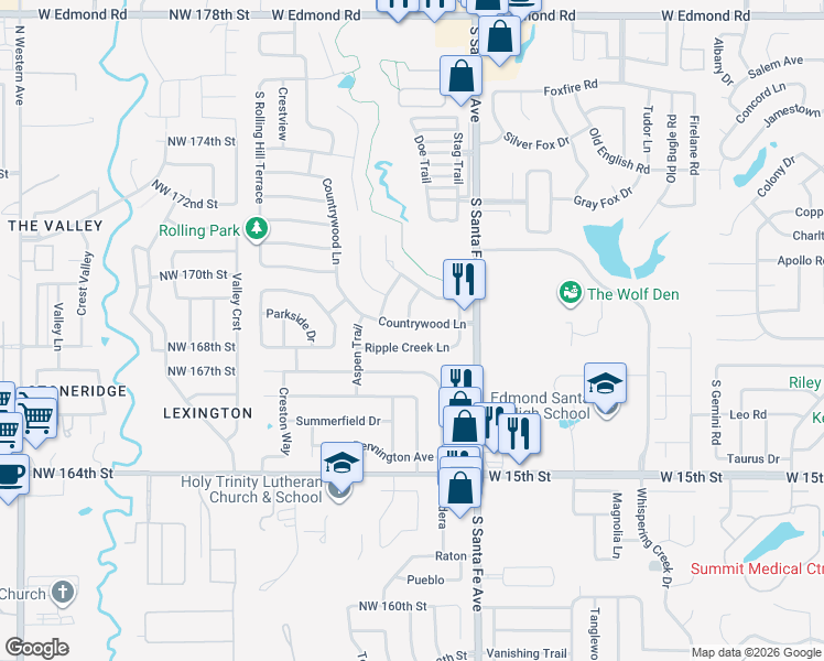 map of restaurants, bars, coffee shops, grocery stores, and more near 2502 Countrywood Lane in Edmond