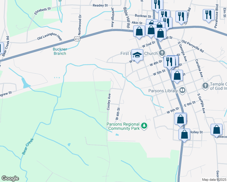 map of restaurants, bars, coffee shops, grocery stores, and more near 69 Cooley Avenue in Parsons