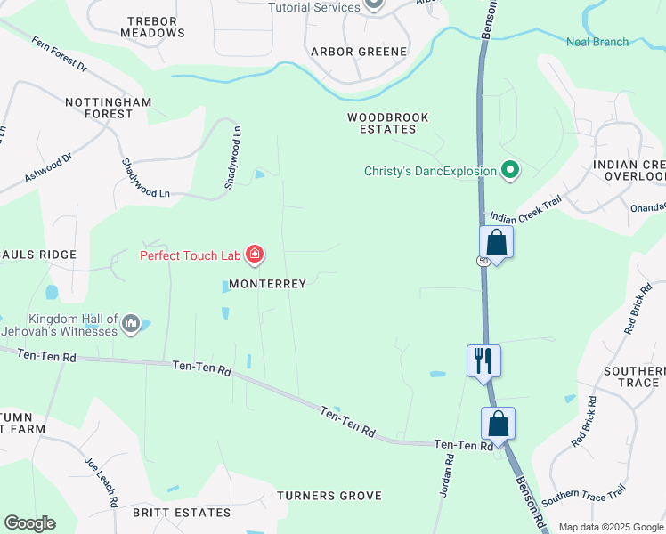 map of restaurants, bars, coffee shops, grocery stores, and more near 9521 Neils Branch Road in Raleigh