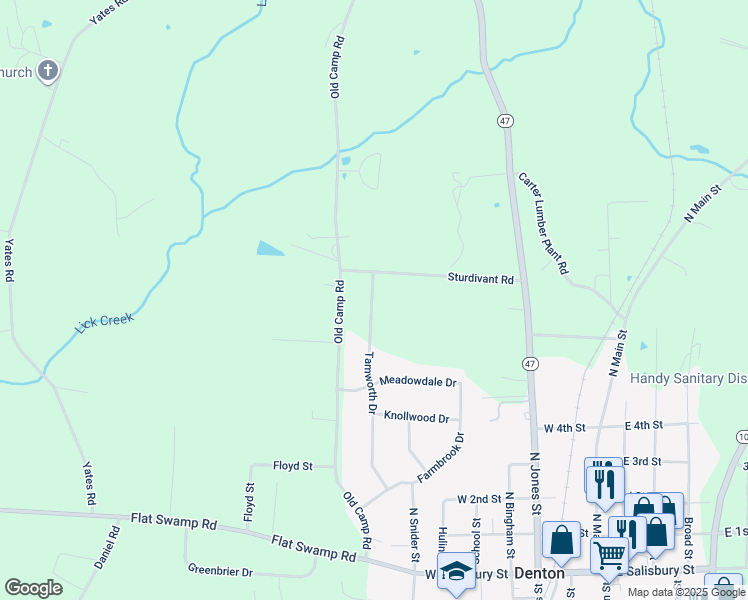 map of restaurants, bars, coffee shops, grocery stores, and more near 454 Tamworth Drive in Denton