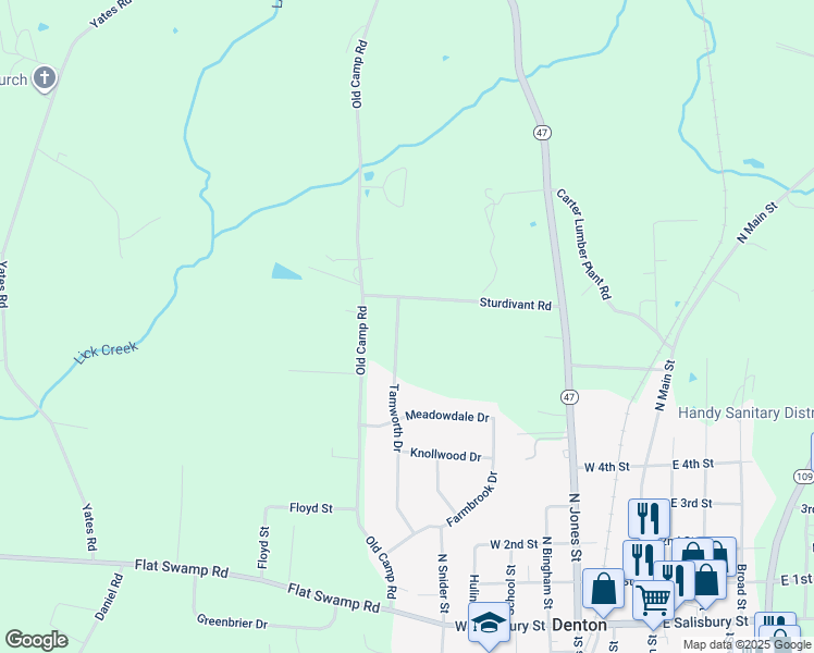 map of restaurants, bars, coffee shops, grocery stores, and more near 454 Tamworth Drive in Denton