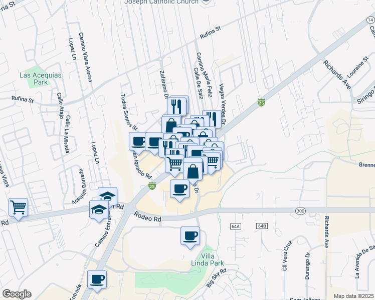 map of restaurants, bars, coffee shops, grocery stores, and more near 3875 Cerrillos Road in Santa Fe