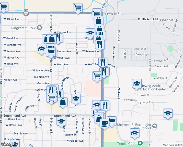 map of restaurants, bars, coffee shops, grocery stores, and more near 1262 Palo Verde Drive in Ridgecrest