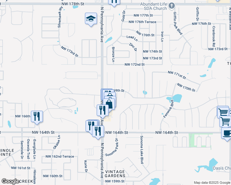 map of restaurants, bars, coffee shops, grocery stores, and more near 16921 Gladstone Circle in Edmond