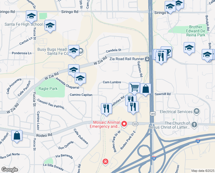 map of restaurants, bars, coffee shops, grocery stores, and more near 1928 Calle Miquela in Santa Fe