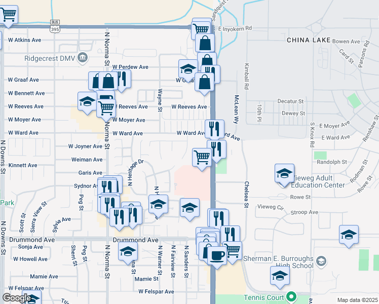 map of restaurants, bars, coffee shops, grocery stores, and more near 1262 Palo Verde Drive in Ridgecrest