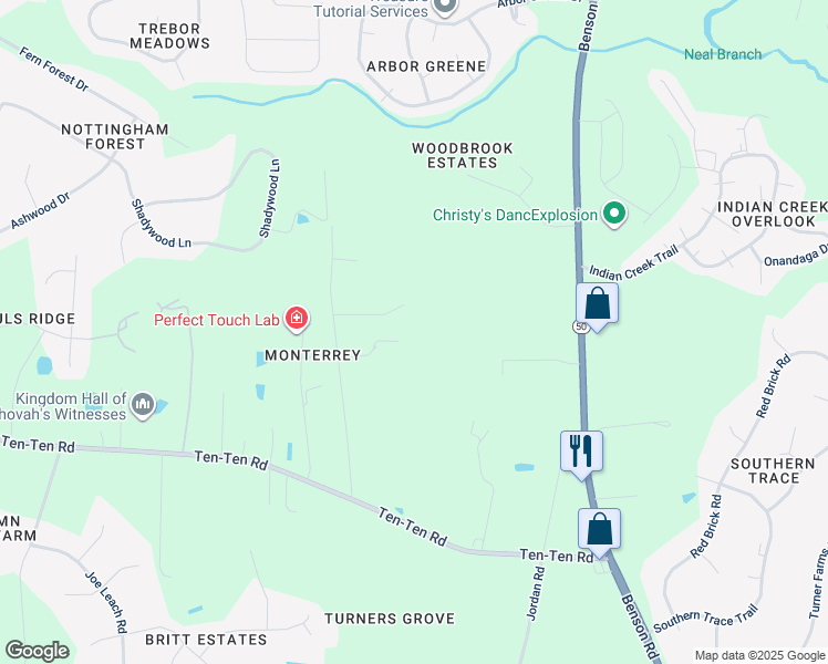 map of restaurants, bars, coffee shops, grocery stores, and more near 9521 Neils Branch Road in Raleigh