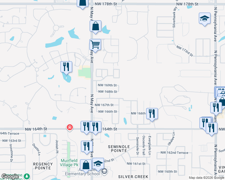 map of restaurants, bars, coffee shops, grocery stores, and more near 2725 Northwest 168th Street in Edmond