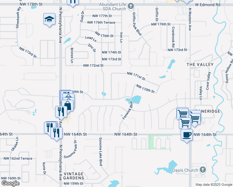 map of restaurants, bars, coffee shops, grocery stores, and more near 17009 Holly Burn Circle in Edmond
