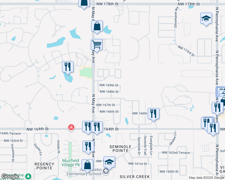 map of restaurants, bars, coffee shops, grocery stores, and more near 2725 Northwest 168th Street in Edmond