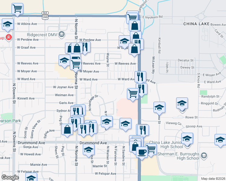 map of restaurants, bars, coffee shops, grocery stores, and more near 1259 Sage Court in Ridgecrest