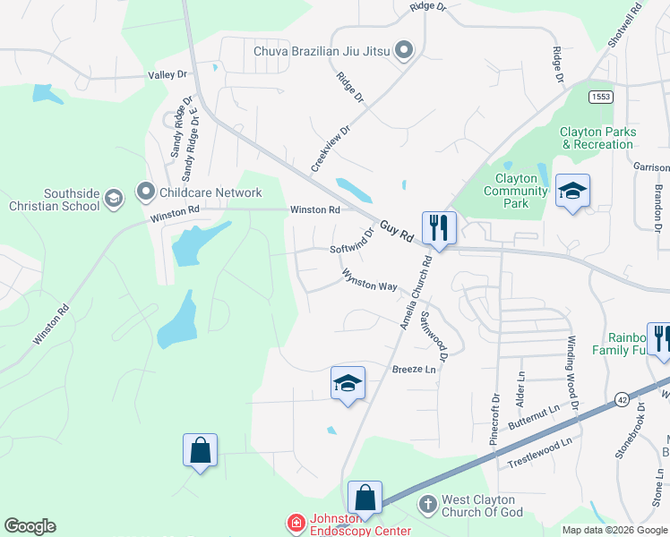 map of restaurants, bars, coffee shops, grocery stores, and more near 4005 Wynston Way in Clayton