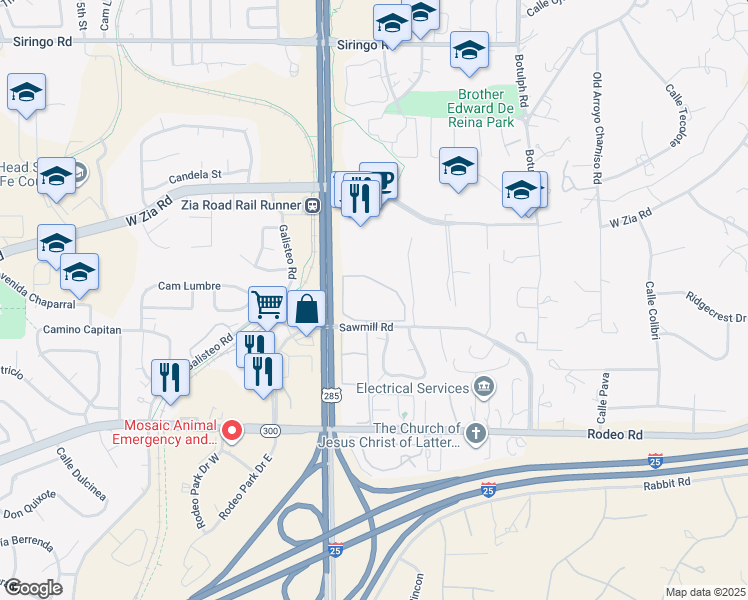 map of restaurants, bars, coffee shops, grocery stores, and more near 2500 Sawmill Road in Santa Fe