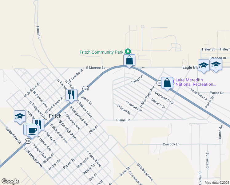 map of restaurants, bars, coffee shops, grocery stores, and more near 301 Coronado Street in Fritch