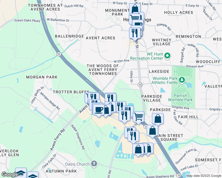map of restaurants, bars, coffee shops, grocery stores, and more near 781 Avent Ferry Road in Holly Springs