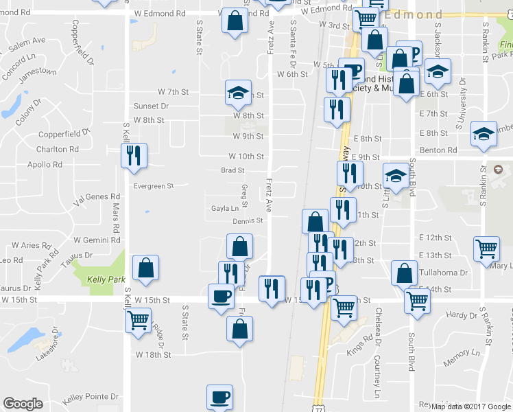 map of restaurants, bars, coffee shops, grocery stores, and more near 228 John Rausch Lane in Edmond