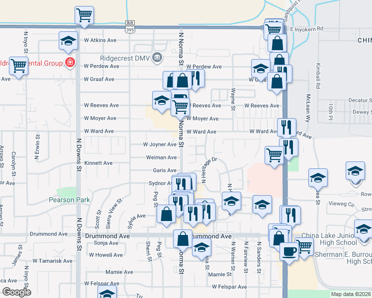 map of restaurants, bars, coffee shops, grocery stores, and more near 430 Mount Rainier Place in Ridgecrest