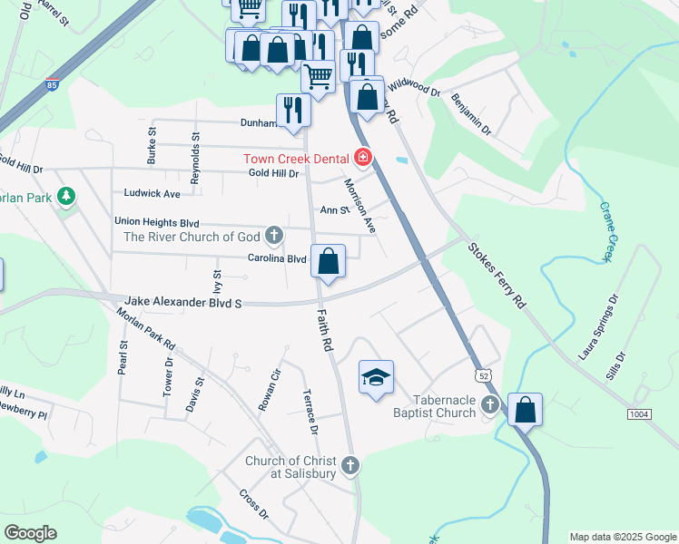 map of restaurants, bars, coffee shops, grocery stores, and more near 2520 Jake Alexander Boulevard South in Salisbury