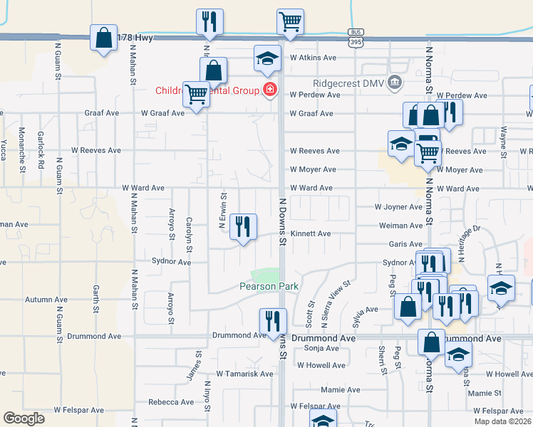 map of restaurants, bars, coffee shops, grocery stores, and more near 1217 North Las Posas Court in Ridgecrest