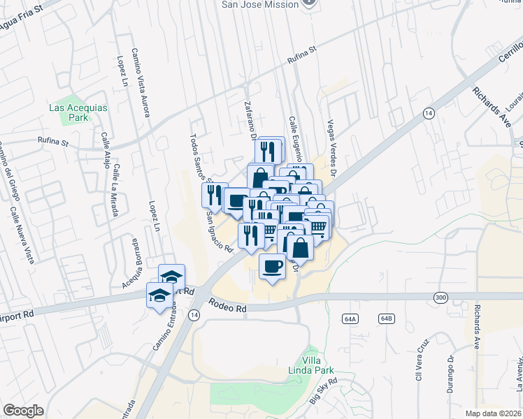 map of restaurants, bars, coffee shops, grocery stores, and more near 3490 Zafarano Drive in Santa Fe