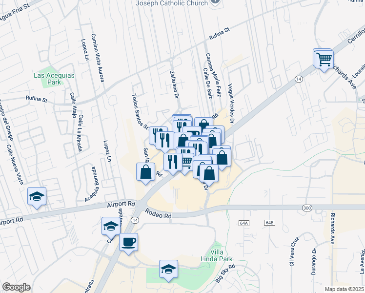 map of restaurants, bars, coffee shops, grocery stores, and more near 3490 Zafarano Drive in Santa Fe