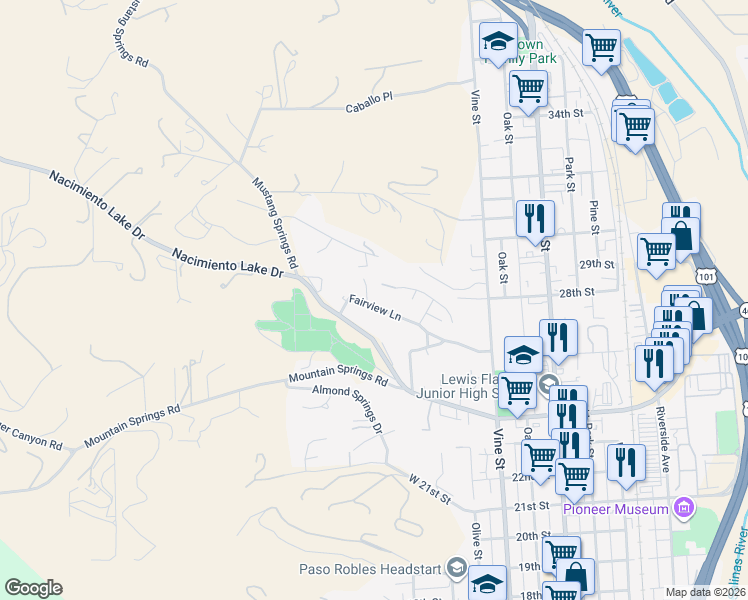 map of restaurants, bars, coffee shops, grocery stores, and more near 155 Fairview Lane in Paso Robles