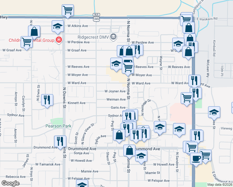 map of restaurants, bars, coffee shops, grocery stores, and more near 545 West Joyner Avenue in Ridgecrest