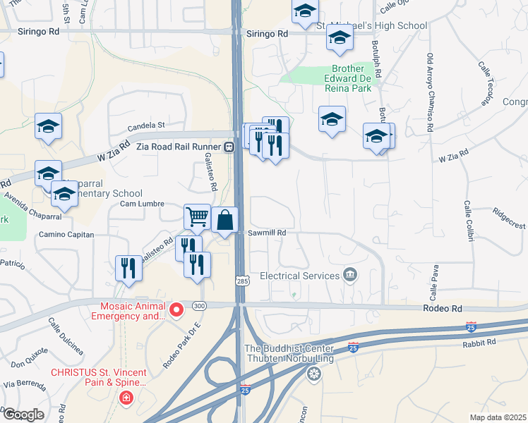 map of restaurants, bars, coffee shops, grocery stores, and more near 2500 Sawmill Road in Santa Fe