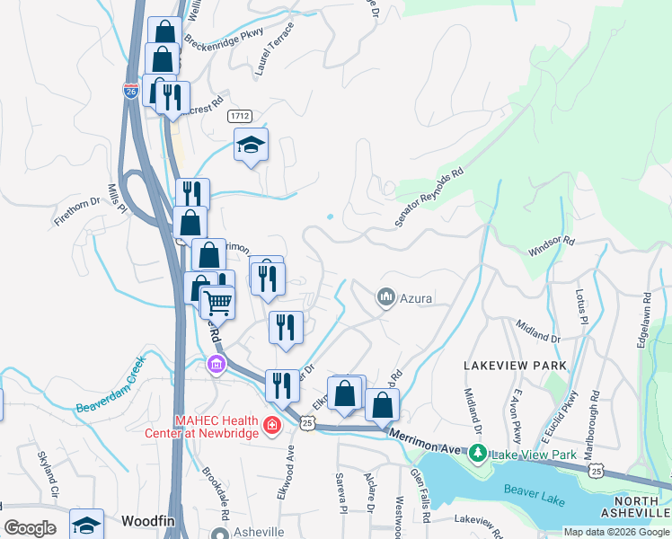 map of restaurants, bars, coffee shops, grocery stores, and more near 402 Ava Lane in Woodfin