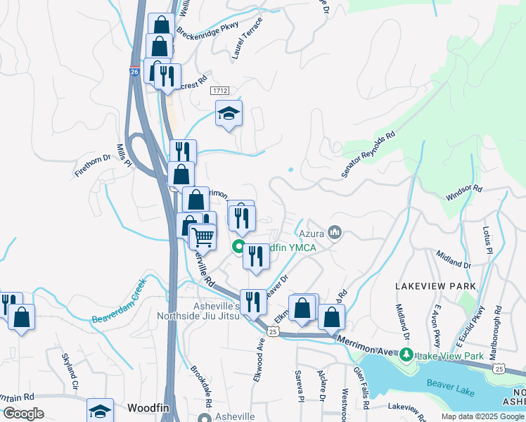 map of restaurants, bars, coffee shops, grocery stores, and more near 41 240 Cobblers Way in Asheville