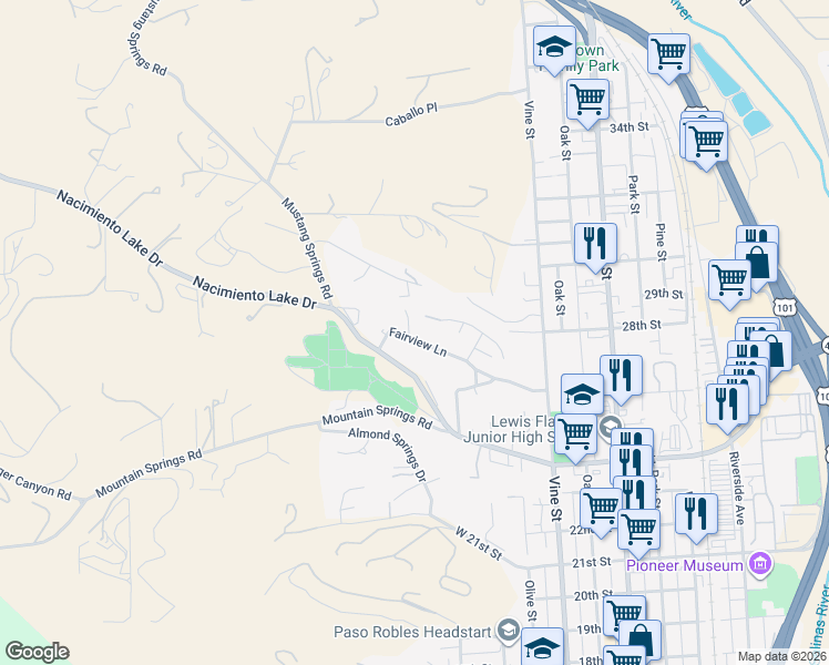 map of restaurants, bars, coffee shops, grocery stores, and more near 155 Fairview Lane in Paso Robles