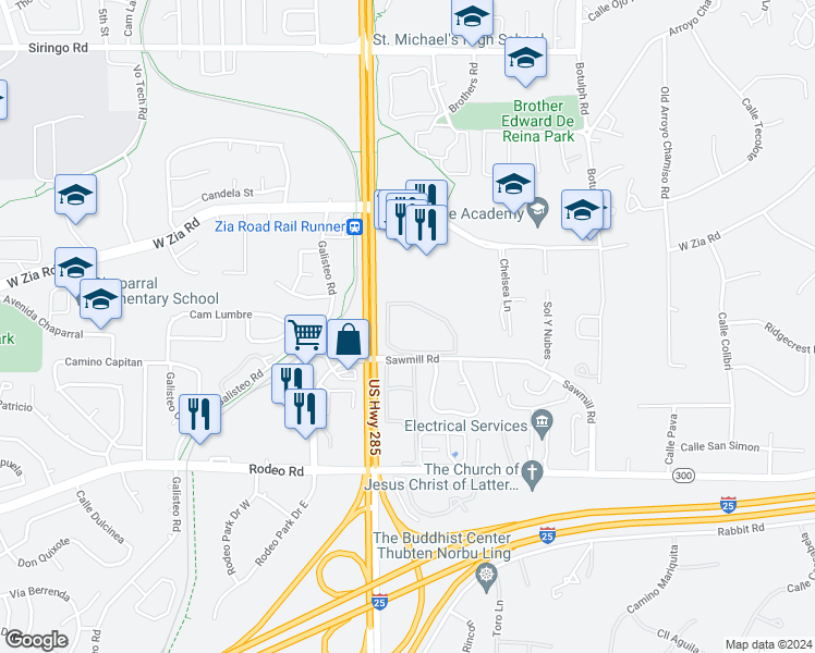 map of restaurants, bars, coffee shops, grocery stores, and more near 2500 Sawmill Road in Santa Fe