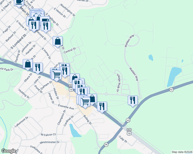 map of restaurants, bars, coffee shops, grocery stores, and more near 101 Bent Branch Loop in Clayton