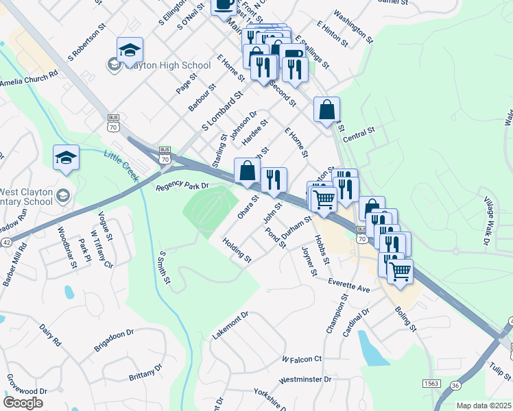 map of restaurants, bars, coffee shops, grocery stores, and more near 501 Ohara Street in Clayton