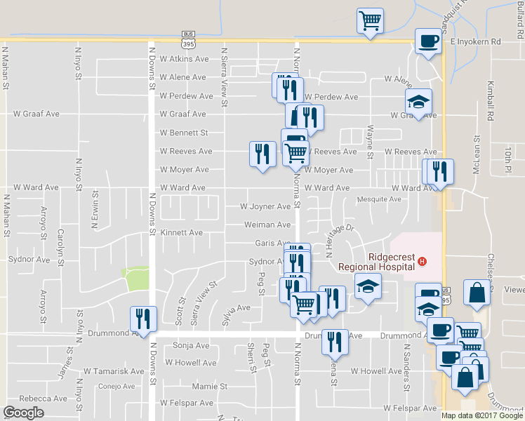 map of restaurants, bars, coffee shops, grocery stores, and more near 545 West Joyner Avenue in Ridgecrest