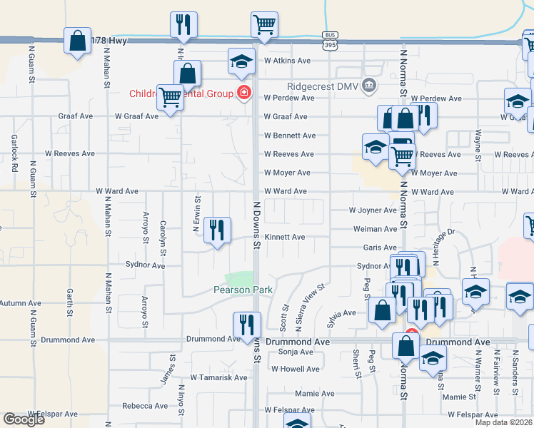 map of restaurants, bars, coffee shops, grocery stores, and more near 801 West Ward Avenue in Ridgecrest