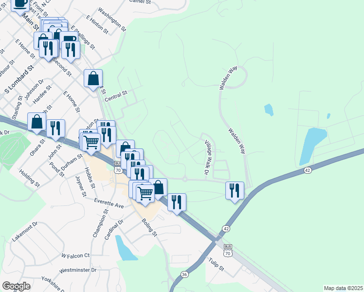 map of restaurants, bars, coffee shops, grocery stores, and more near 175 Bent Branch Loop in Clayton