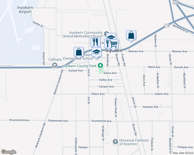 map of restaurants, bars, coffee shops, grocery stores, and more near 6600 Valley Avenue in Inyokern