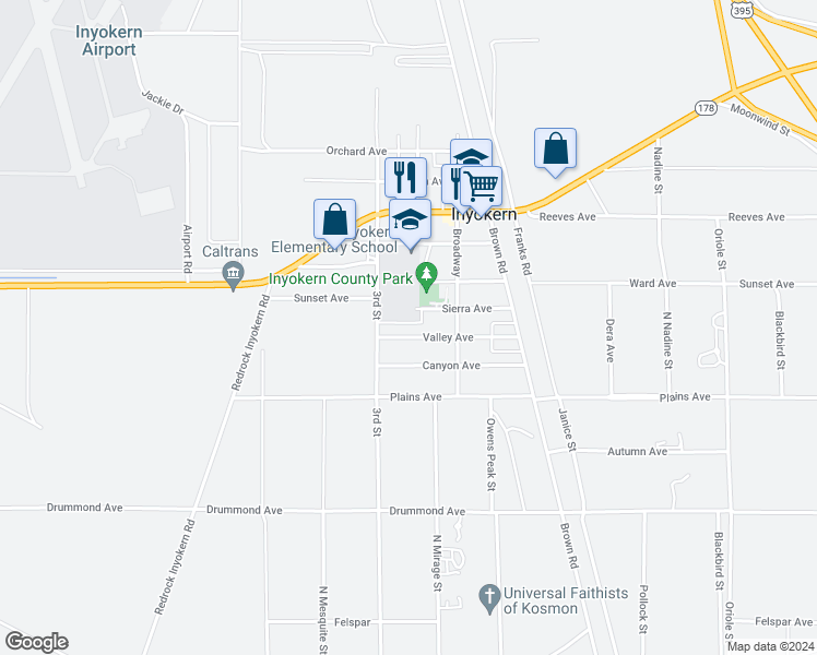 map of restaurants, bars, coffee shops, grocery stores, and more near 6604 Valley Avenue in Inyokern