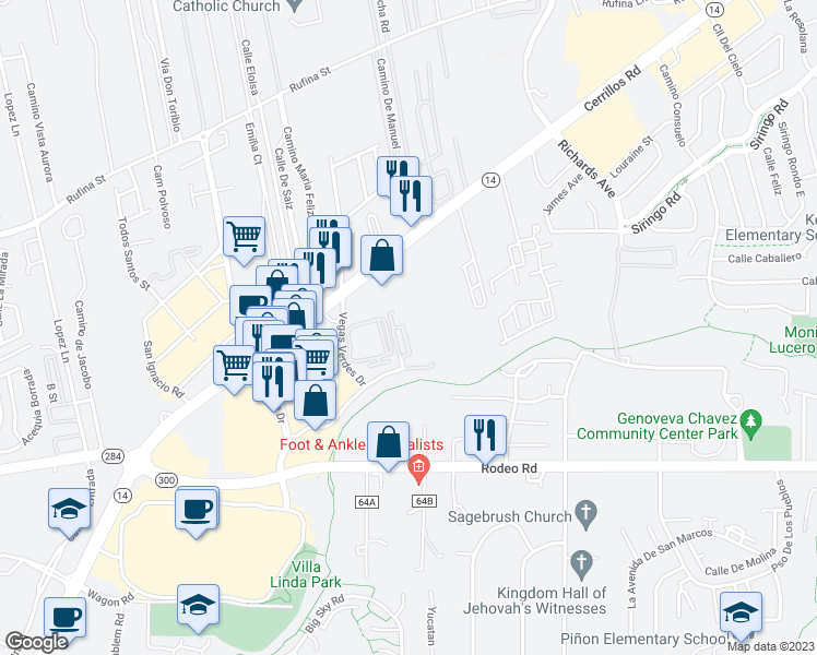 map of restaurants, bars, coffee shops, grocery stores, and more near 3600 Cerrillos Road in Santa Fe
