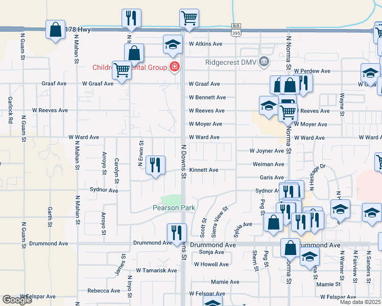map of restaurants, bars, coffee shops, grocery stores, and more near 801 West Ward Avenue in Ridgecrest