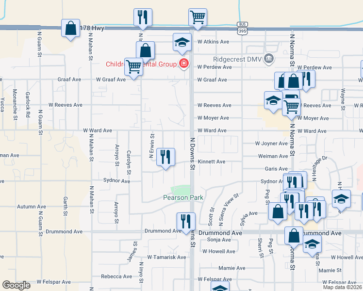 map of restaurants, bars, coffee shops, grocery stores, and more near 1217 North Las Posas Court in Ridgecrest