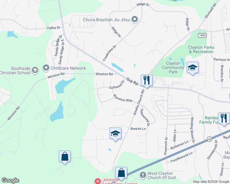 map of restaurants, bars, coffee shops, grocery stores, and more near 4005 Wynston Way in Clayton