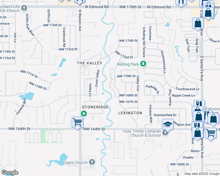 map of restaurants, bars, coffee shops, grocery stores, and more near 16915 Sunny Hollow Road in Edmond