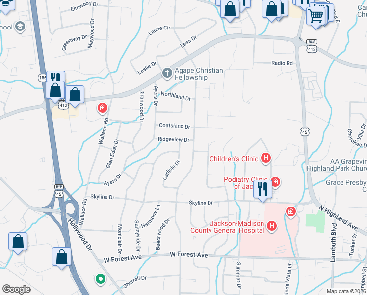 map of restaurants, bars, coffee shops, grocery stores, and more near 116 Carlisle Drive in Jackson